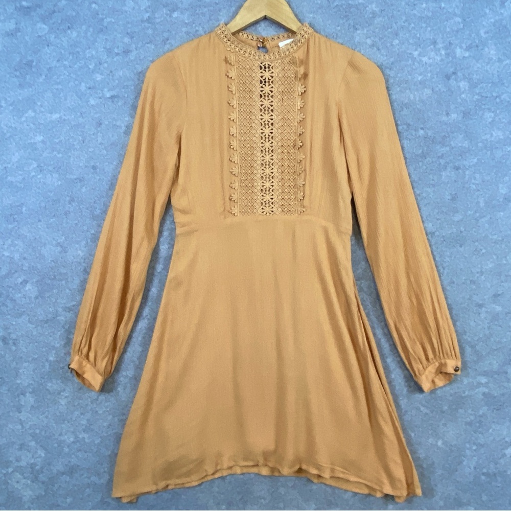 Molly Green Mini Dress Size S Gold A-line Crochet Detail Long Sleeve Boho Lined